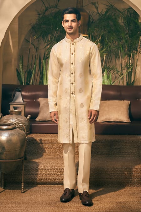 Tajiri_Beige Tissue, Chanderi, Satin, Dastkar Embroidered Front Open Kurta With Pant _Online_at_Aza_Fashions