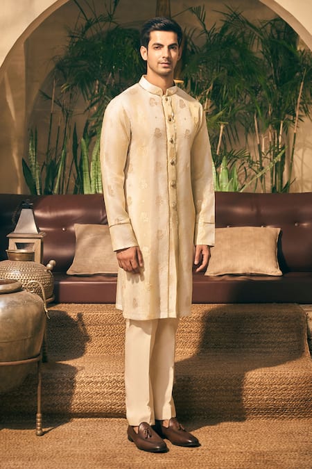 Buy_Tajiri_Beige Tissue, Chanderi, Satin, Dastkar Embroidered Front Open Kurta With Pant _Online_at_Aza_Fashions