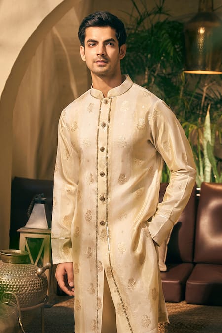 Shop_Tajiri_Beige Tissue, Chanderi, Satin, Dastkar Embroidered Front Open Kurta With Pant _Online_at_Aza_Fashions