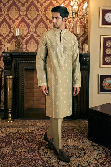 Buy Tajiri Green Cotton, Silk, Satin Embroidery, Mirrors Rivaaz Kurta With Pant Online at Aza Fashions Buy_Tajiri_Green Cotton, Silk, Satin Embroidery, Mirrors Rivaaz Kurta With Pant _Online_at_Aza_Fashions