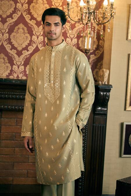 Shop Tajiri Green Cotton, Silk, Satin Embroidery, Mirrors Rivaaz Kurta With Pant Online at Aza Fashions Shop_Tajiri_Green Cotton, Silk, Satin Embroidery, Mirrors Rivaaz Kurta With Pant _Online_at_Aza_Fashions