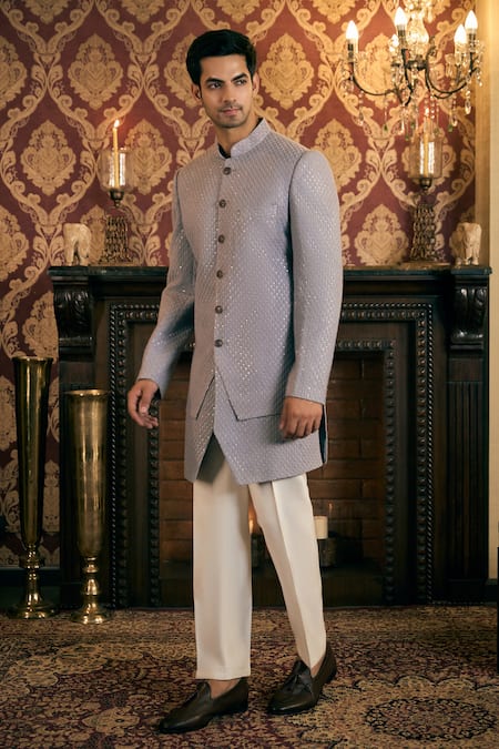 Tajiri_Grey Sherwani Georgette Embroidery Sequins Solace With Pant _Online_at_Aza_Fashions