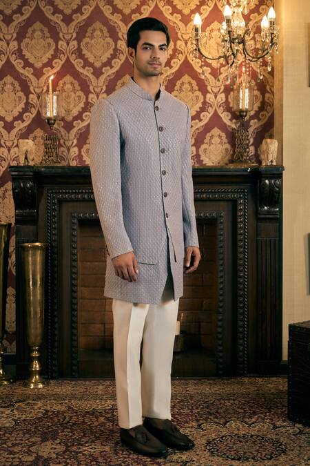 Buy_Tajiri_Grey Sherwani Georgette Embroidery Sequins Solace With Pant _Online_at_Aza_Fashions