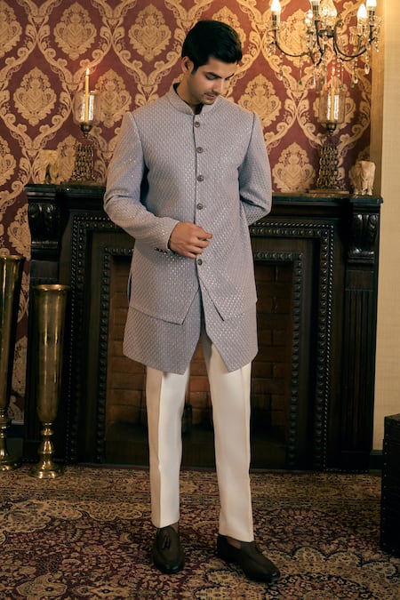 Shop_Tajiri_Grey Sherwani Georgette Embroidery Sequins Solace With Pant _Online_at_Aza_Fashions