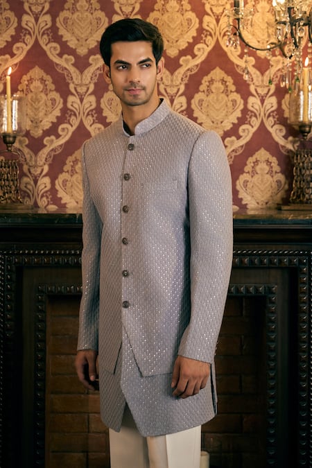 Buy_Tajiri_Grey Sherwani Georgette Embroidery Sequins Solace With Pant 