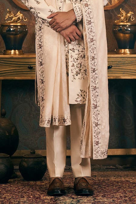 Buy Tajiri Ivory Silk, Chanderi Embroidery Floral Dabka Sherwani And Pant Set Online at Aza Fashions Buy_Tajiri_Ivory Silk, Chanderi Embroidery Floral Dabka Sherwani And Pant Set _Online_at_Aza_Fashions