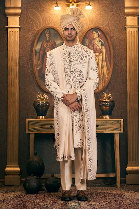 Shop Tajiri Ivory Silk, Chanderi Embroidery Floral Dabka Sherwani And Pant Set Online at Aza Fashions Shop_Tajiri_Ivory Silk, Chanderi Embroidery Floral Dabka Sherwani And Pant Set _Online_at_Aza_Fashions