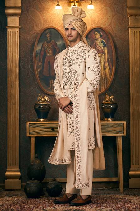 Tajiri Ivory Silk, Chanderi Embroidery Floral Dabka Sherwani And Pant Set at Aza Fashions Tajiri_Ivory Silk, Chanderi Embroidery Floral Dabka Sherwani And Pant Set _at_Aza_Fashions