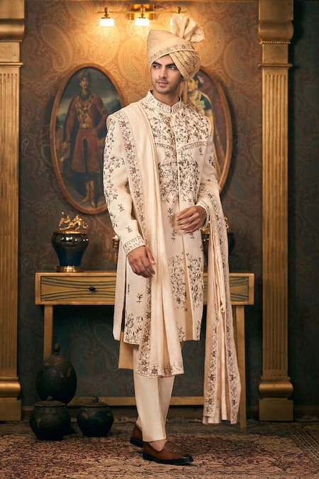 Buy Tajiri Ivory Silk, Chanderi Embroidery Floral Dabka Sherwani And Pant Set Buy_Tajiri_Ivory Silk, Chanderi Embroidery Floral Dabka Sherwani And Pant Set