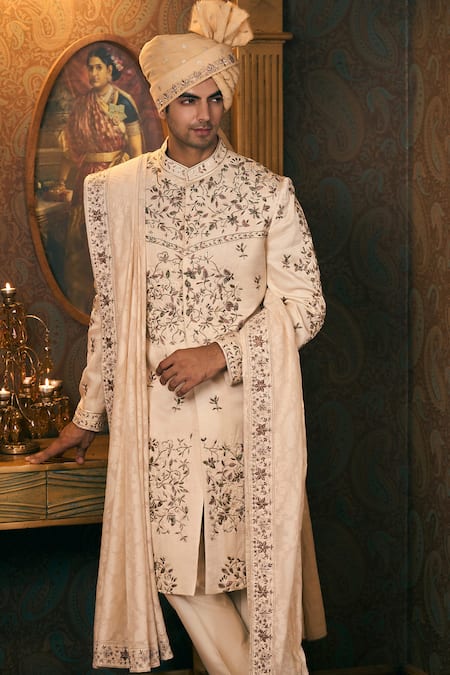 Shop Tajiri Ivory Silk, Chanderi Embroidery Floral Dabka Sherwani And Pant Set Shop_Tajiri_Ivory Silk, Chanderi Embroidery Floral Dabka Sherwani And Pant Set