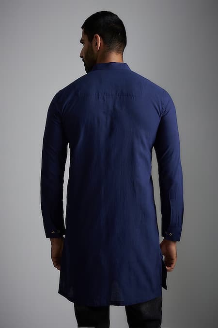 Shop Vaani Beswal Blue Handloom Cotton Embroidery Aahil Floral Applique Detailed Kurta at Aza Fashions Shop_Vaani Beswal_Blue Handloom Cotton Embroidery Aahil Floral Applique Detailed Kurta _at_Aza_Fashions