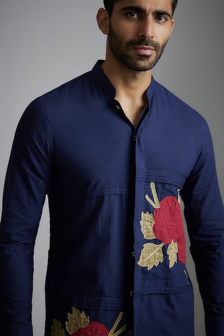 Vaani Beswal Blue Handloom Cotton Embroidery Aahil Floral Applique Detailed Kurta Online at Aza Fashions Vaani Beswal_Blue Handloom Cotton Embroidery Aahil Floral Applique Detailed Kurta _Online_at_Aza_Fashions