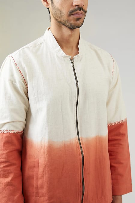 Vaani Beswal_Ivory 100% Handloom Cotton Hand Embroidery Brooks Ombre Bomber Jacket _Online_at_Aza_Fashions