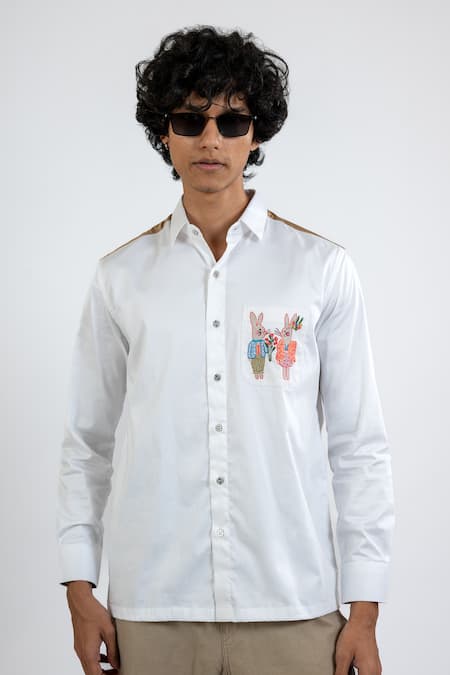 Vaani Beswal White 100% Cotton Hand Embroidery Bunny Pocket Shirt Online at Aza Fashions Vaani Beswal_White 100% Cotton Hand Embroidery Bunny Pocket Shirt _Online_at_Aza_Fashions