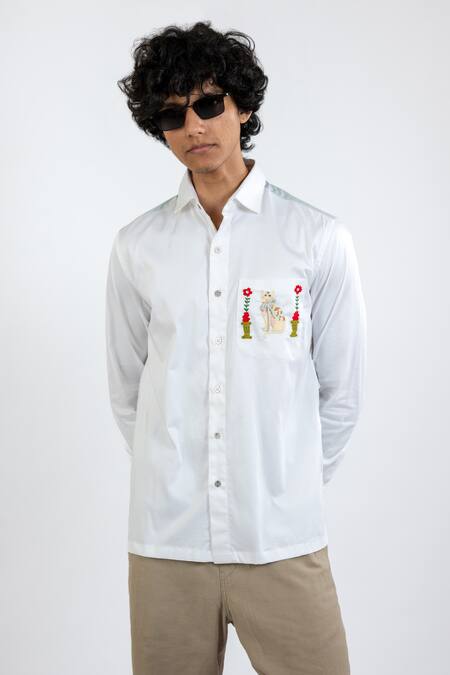 Vaani Beswal White 100% Cotton Hand Embroidery Cat Pocket Shirt Online at Aza Fashions Vaani Beswal_White 100% Cotton Hand Embroidery Cat Pocket Shirt _Online_at_Aza_Fashions