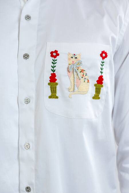 Buy Vaani Beswal White 100% Cotton Hand Embroidery Cat Pocket Shirt Online at Aza Fashions Buy_Vaani Beswal_White 100% Cotton Hand Embroidery Cat Pocket Shirt _Online_at_Aza_Fashions