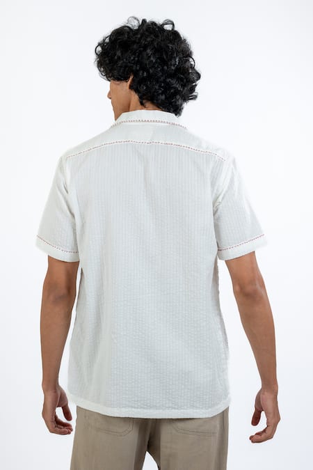 Shop Vaani Beswal Ivory Cotton Seer Sucker Hand Embroidery Cherry Pocket Shirt at Aza Fashions Shop_Vaani Beswal_Ivory Cotton Seer Sucker Hand Embroidery Cherry Pocket Shirt _at_Aza_Fashions