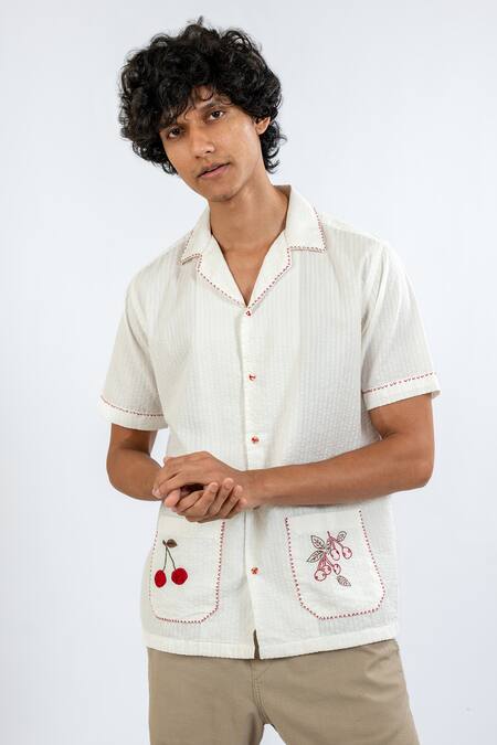 Vaani Beswal Ivory Cotton Seer Sucker Hand Embroidery Cherry Pocket Shirt Online at Aza Fashions Vaani Beswal_Ivory Cotton Seer Sucker Hand Embroidery Cherry Pocket Shirt _Online_at_Aza_Fashions