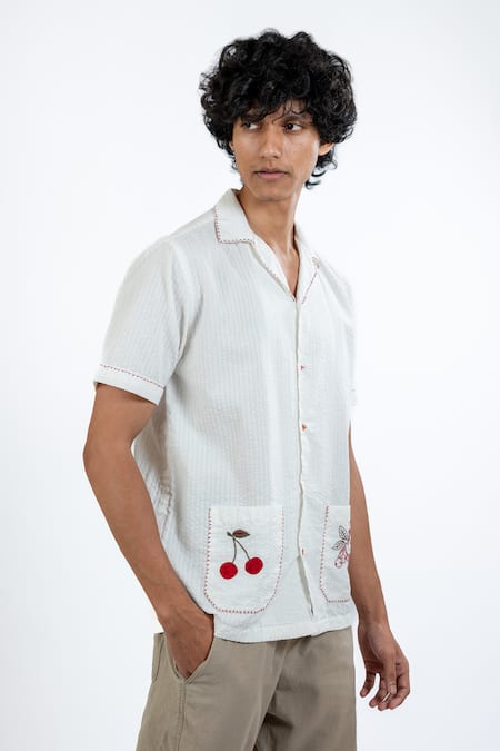 Vaani Beswal Ivory Cotton Seer Sucker Hand Embroidery Cherry Pocket Shirt at Aza Fashions Vaani Beswal_Ivory Cotton Seer Sucker Hand Embroidery Cherry Pocket Shirt _at_Aza_Fashions