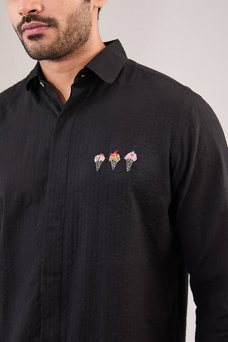 Vaani Beswal Black 100% Cotton Seersucker Embroidered Thread Icecream Motif Shirt Online at Aza Fashions Vaani Beswal_Black 100% Cotton Seersucker Embroidered Thread Icecream Motif Shirt _Online_at_Aza_Fashions