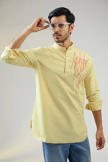 Vaani Beswal_Yellow Cotton Embroidery Jelly Short Kurta _Online_at_Aza_Fashions