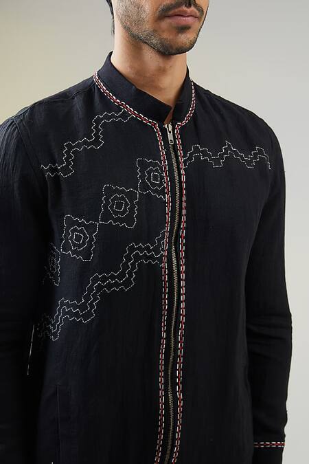 Buy_Vaani Beswal_Black Handwoven Linen Embroidered Kantha Zipper Jacket _Online_at_Aza_Fashions