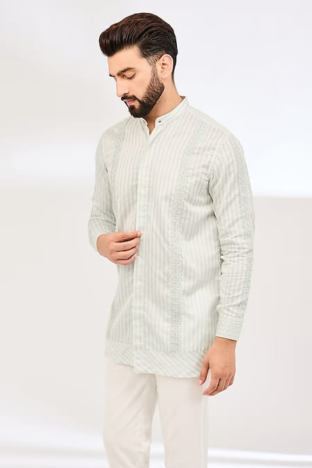 Vaani Beswal_Green Chanderi Stripe Pattern Short Kurta _Online_at_Aza_Fashions