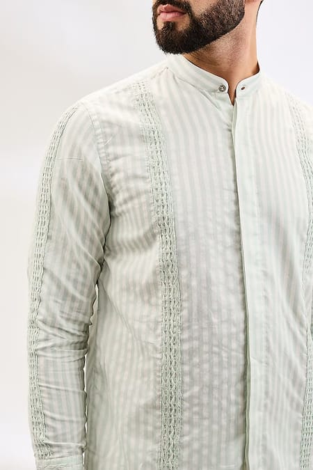 Buy_Vaani Beswal_Green Chanderi Stripe Pattern Short Kurta _Online_at_Aza_Fashions