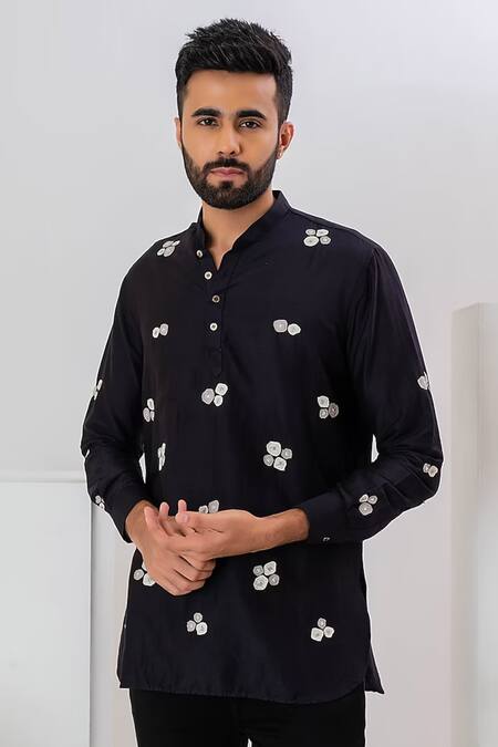 Buy Vaani Beswal Black Mulberry Silk Embroidered Applique Moonlight Shirt Online at Aza Fashions Buy_Vaani Beswal_Black Mulberry Silk Embroidered Applique Moonlight Shirt _Online_at_Aza_Fashions