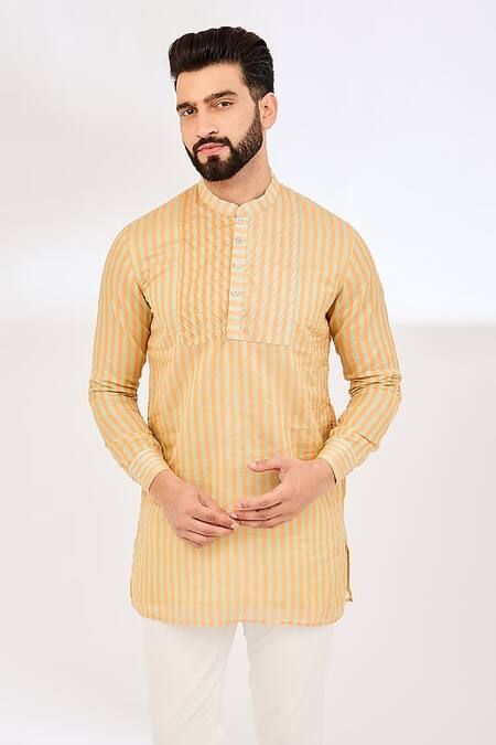 Vaani Beswal Orange Chanderi Stripe Pattern Buttoned Placket Kurta Online at Aza Fashions Vaani Beswal_Orange Chanderi Stripe Pattern Buttoned Placket Kurta _Online_at_Aza_Fashions