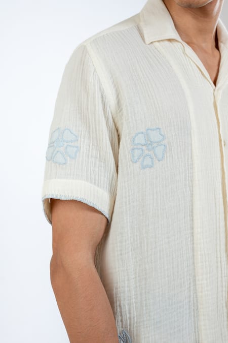 Shop Vaani Beswal Ivory 100% Organic Cotton Applique Embroidered Shirt Online at Aza Fashions Shop_Vaani Beswal_Ivory 100% Organic Cotton Applique Embroidered Shirt _Online_at_Aza_Fashions