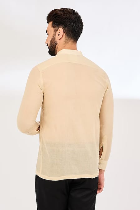 Shop Vaani Beswal Beige Cotton Pleated Button Down Shirt at Aza Fashions Shop_Vaani Beswal_Beige Cotton Pleated Button Down Shirt _at_Aza_Fashions