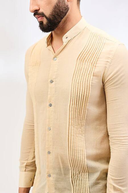 Vaani Beswal Beige Cotton Pleated Button Down Shirt Online at Aza Fashions Vaani Beswal_Beige Cotton Pleated Button Down Shirt _Online_at_Aza_Fashions