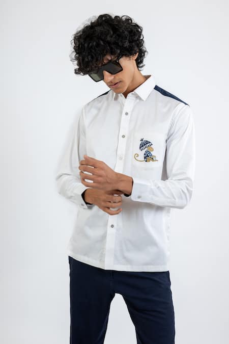 Vaani Beswal_White 100% Cotton Embroidered Thread Royal Monkey Placement Pocket Shirt _Online_at_Aza_Fashions