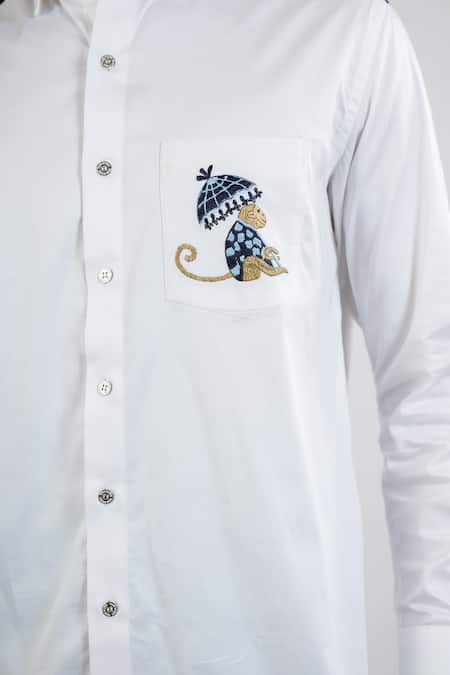 Buy_Vaani Beswal_White 100% Cotton Embroidered Thread Royal Monkey Placement Pocket Shirt _Online_at_Aza_Fashions