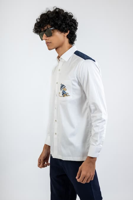 Shop_Vaani Beswal_White 100% Cotton Embroidered Thread Royal Monkey Placement Pocket Shirt _Online_at_Aza_Fashions