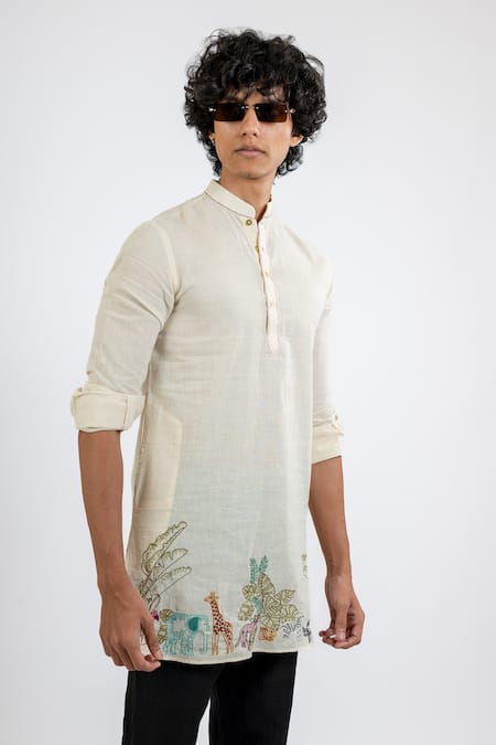 Shop_Vaani Beswal_Off White Handloom Cotton Embroidery Safari Animal Kurta _Online_at_Aza_Fashions