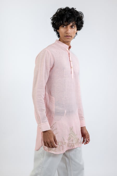 Buy_Vaani Beswal_Pink Handloom Cotton Embroidery Safari Animal Kurta _Online_at_Aza_Fashions