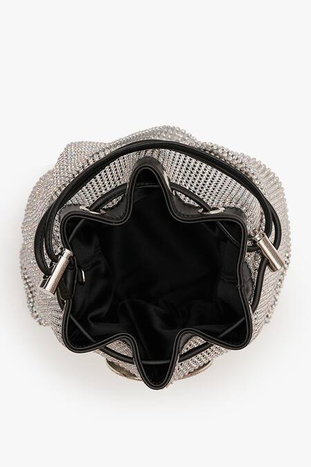 Outhouse_Silver Crystals, Rhinestones The Poppi Mesh Bucket Bag _Online_at_Aza_Fashions