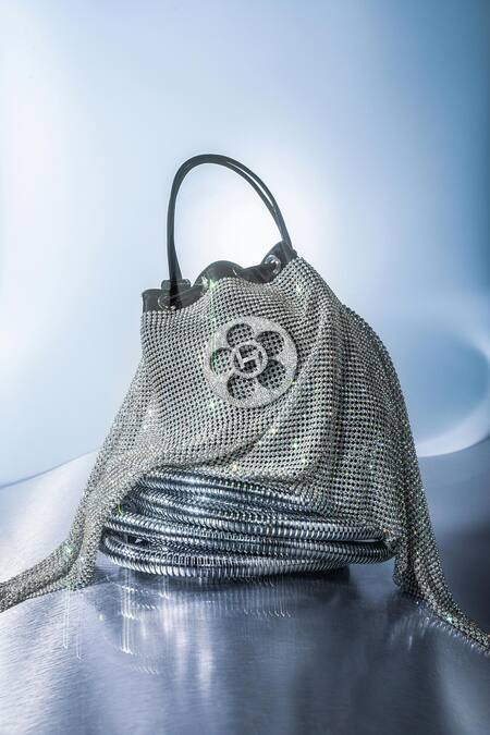 Shop_Outhouse_Silver Crystals, Rhinestones The Poppi Mesh Bucket Bag _Online_at_Aza_Fashions