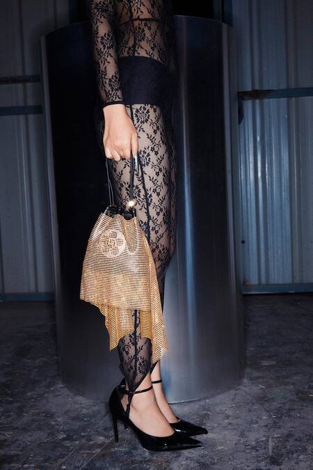 Outhouse_Gold Crystals, Rhinestones The Poppi Mesh Embellished Bucket Bag _Online_at_Aza_Fashions