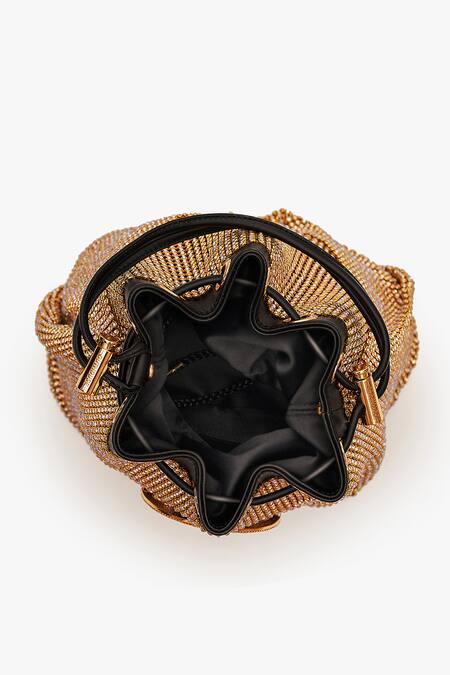 Shop_Outhouse_Gold Crystals, Rhinestones The Poppi Mesh Embellished Bucket Bag _Online_at_Aza_Fashions