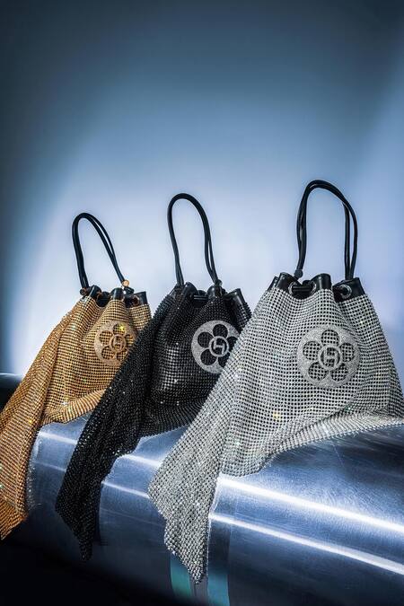 Outhouse_Gold Crystals, Rhinestones The Poppi Mesh Embellished Bucket Bag _at_Aza_Fashions