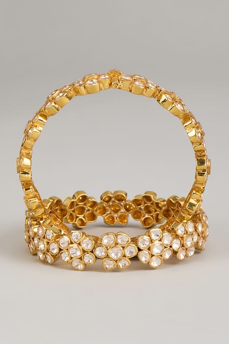 Karisa Designs_White Imitation Diamonds Floral Moissanite Polki Embellished Bangles Set Of 2 _Online_at_Aza_Fashions