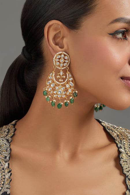 Karisa Designs White Pearls, Beads, Stones Padma Kundan Embellished Chandbalis 