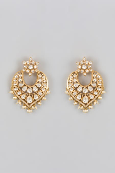 Shop Karisa Designs White Pearls, Crystals, Diamonds Noor Moissanite Polki Chandbalis at Aza Fashions Shop_Karisa Designs_White Pearls, Crystals, Diamonds Noor Moissanite Polki Chandbalis _at_Aza_Fashions