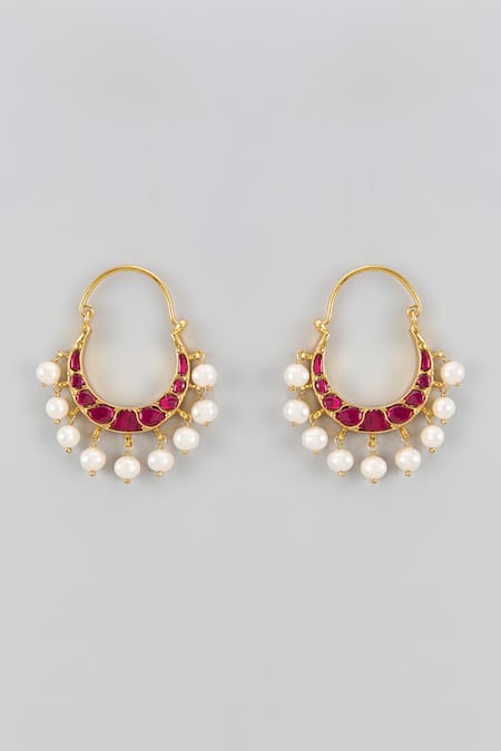 Shop Karisa Designs Red Pearls, Stones Kundan And Embellished Chandbalis at Aza Fashions Shop_Karisa Designs_Red Pearls, Stones Kundan And Embellished Chandbalis _at_Aza_Fashions