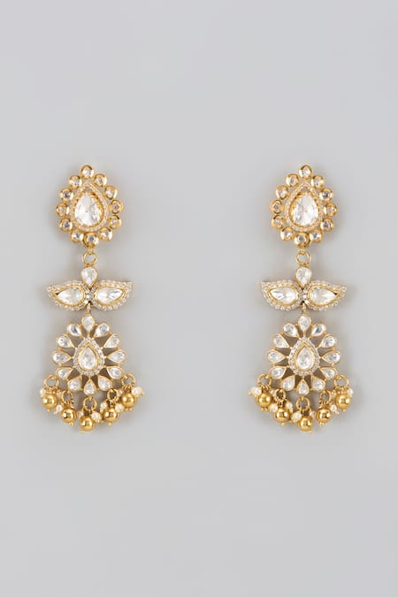 Shop Karisa Designs White Crystals, Pearls, Diamonds Moissanite Polki Embellished Phool Danglers at Aza Fashions Shop_Karisa Designs_White Crystals, Pearls, Diamonds Moissanite Polki Embellished Phool Danglers _at_Aza_Fashions