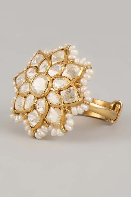 Karisa Designs_White Pearls Floral Shaped Ring _Online_at_Aza_Fashions