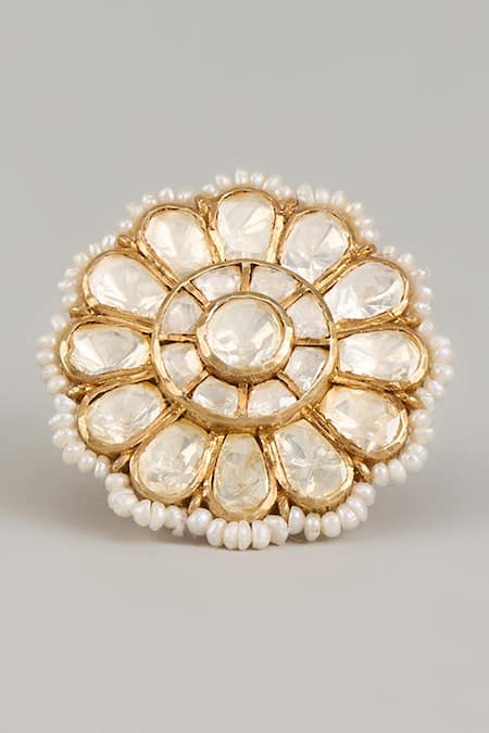 Shop Karisa Designs White Pearls, Metallic Thread Embellished Ring at Aza Fashions Shop_Karisa Designs_White Pearls, Metallic Thread Embellished Ring _at_Aza_Fashions